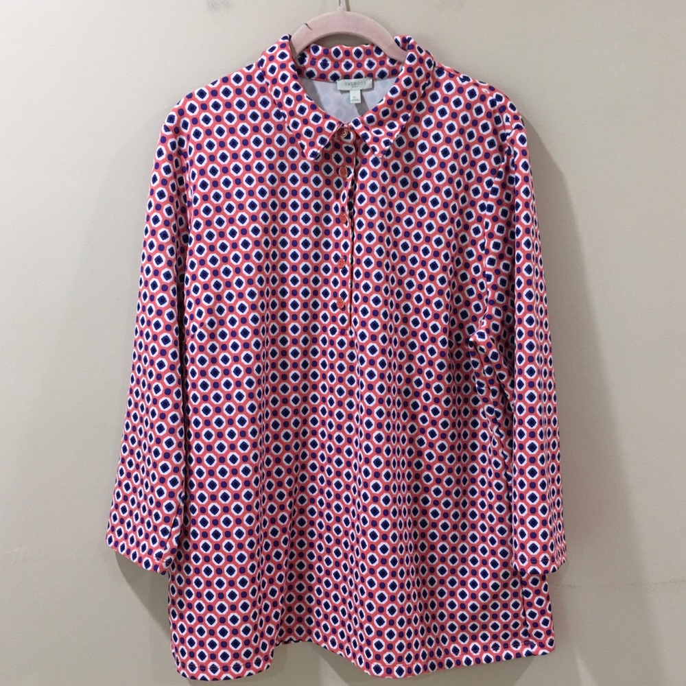 Talbots Polo Shirt Top Jersey Women XL Orange Geometric Polka Dot 3/4 Sleeve